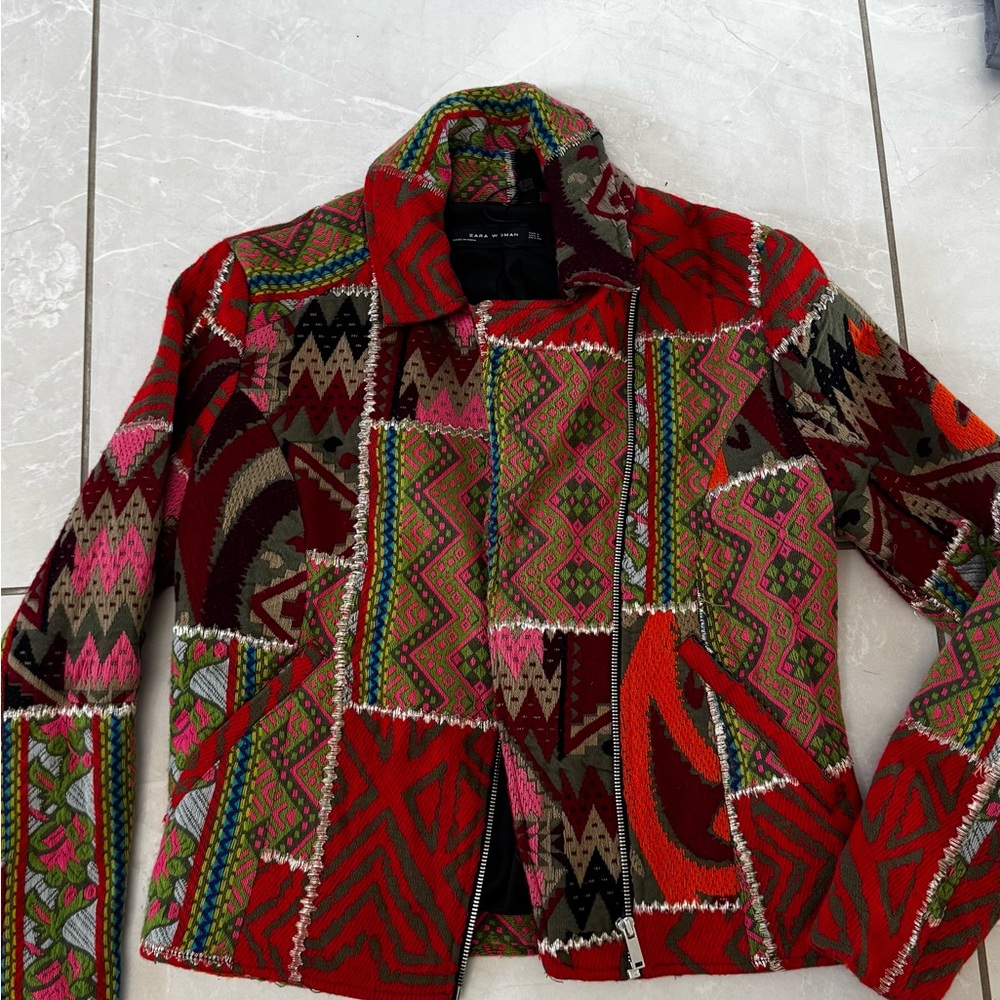 Zara Red and Pink Blazer with Geometric Design